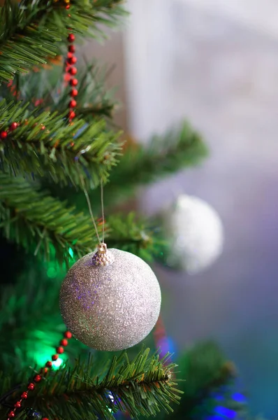 Vertical Shot Bright Glittery Balls Hanging Christmas Tree Stock Picture