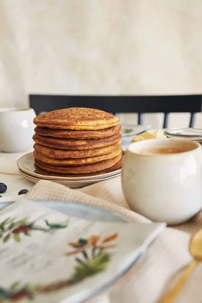 Closeup Freshly Made Delicious Pumpkin Pancakes Plate Breakfast — Stock Photo, Image