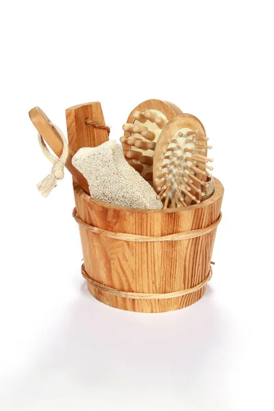Wooden Bucket Massage Spa Tools Isolated White Background — Stock Photo, Image