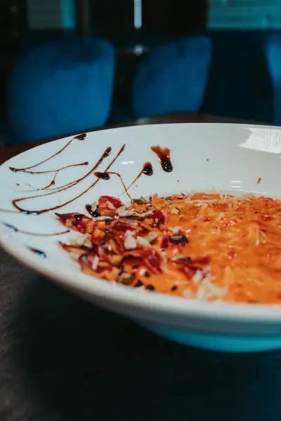 Trago Vertical Una Sopa Crema Tomate Con Queso — Foto de Stock