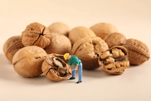 Primer Plano Mini Figuritas Trabajadores Construcción Trabajando Apertura Nueces —  Fotos de Stock