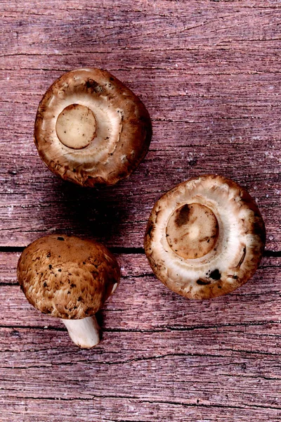 Top View Closeup Three Mushrooms Placed Wooden Table — Stock Photo, Image