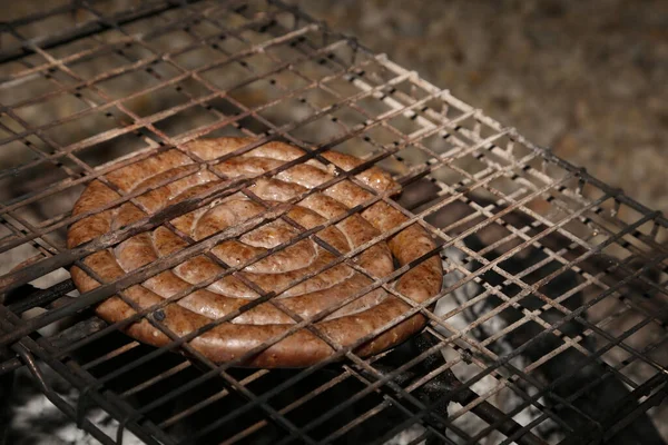 Proceso Parrilla Las Bobinas Salchichas Boerewors —  Fotos de Stock