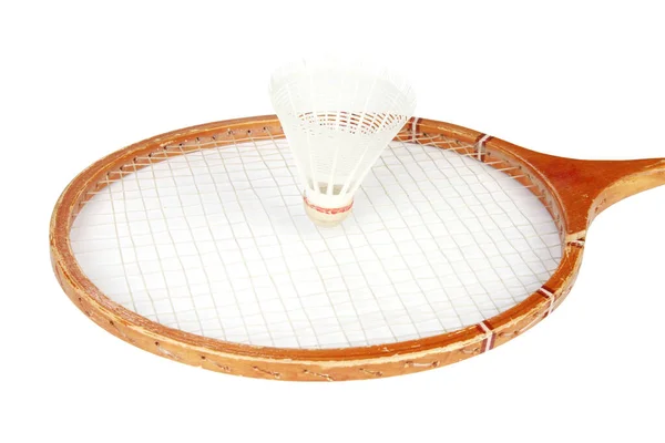 Ein Hölzerner Badmintonschläger Mit Federball Auf Weißem Hintergrund — Stockfoto