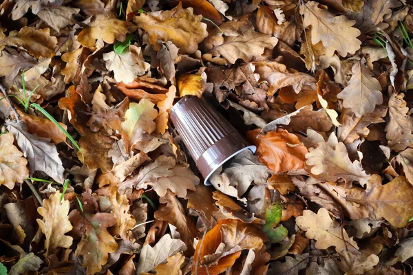 Brązowy Plastikowy Kubek Rzucony Autumn Listowie — Zdjęcie stockowe