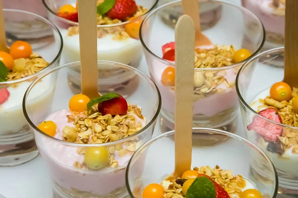 Closeup Shot Bowls Yogurt Fruits Oats — Stock Photo, Image