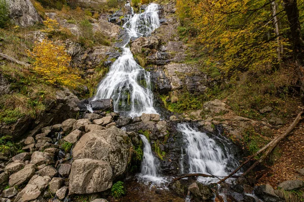 Närbild Ett Litet Vattenfall Skogen — Stockfoto