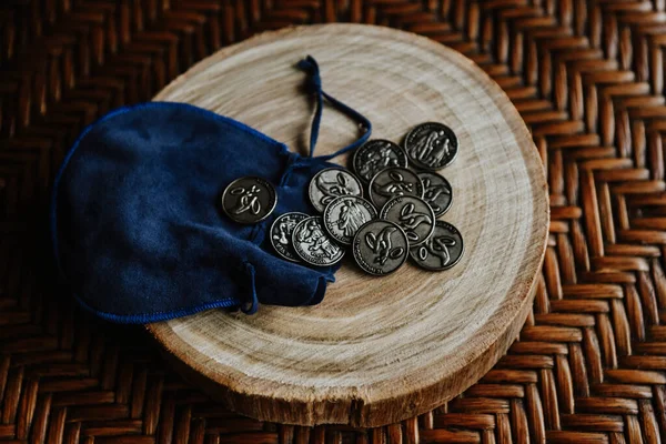 Metal Coins Blue Purse Wooden Surface — Stock Photo, Image