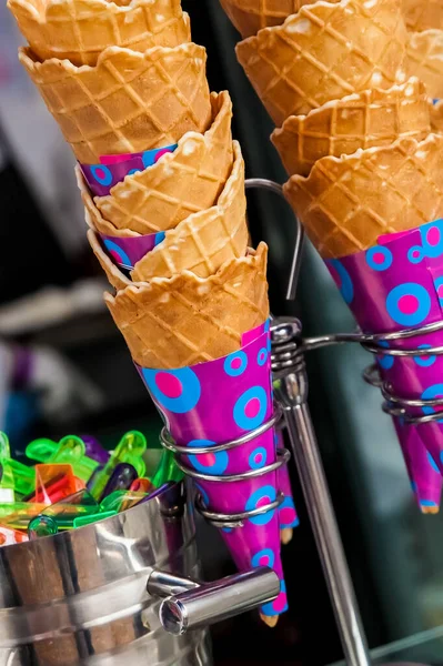 Closeup Shot Waffle Cones Ice Cream Wrapped Purple Paper — Stock Photo, Image