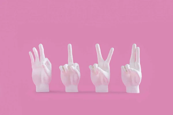 Modelos Mãos Humanas Mostrando Diferentes Gestos Isolados Fundo Rosa Pastel — Fotografia de Stock