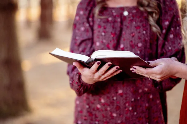 Открытая Библия Женских Руках — стоковое фото