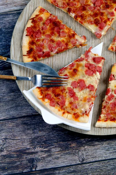 Top View Freshly Baked Pizza Cheese Chopped Sausage Blue Wooden — Stock Photo, Image