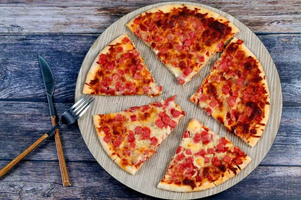 Top View Freshly Baked Pizza Cheese Chopped Sausage Blue Wooden — Stock Photo, Image