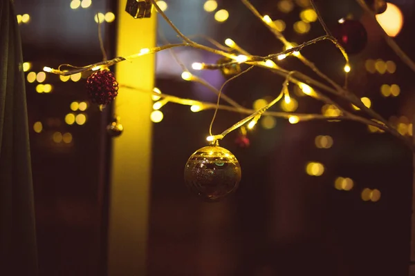 Selective Focus Beautiful Christmas Ornament Hanging Tree Branch Decorated Lights — Stock Photo, Image