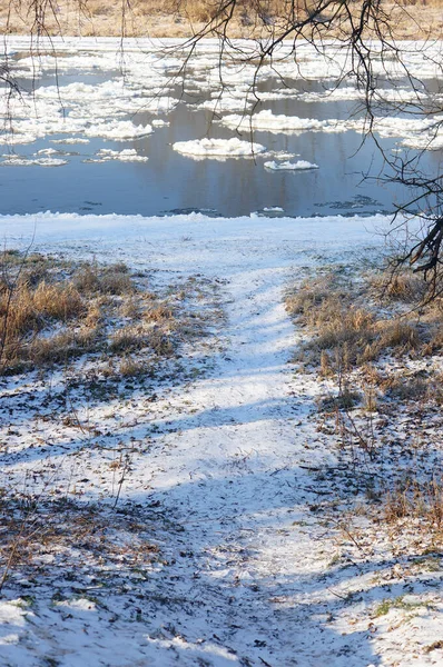 Uma Bela Vista Estrada Gelada Que Leva Lago Congelado Floresta — Fotografia de Stock