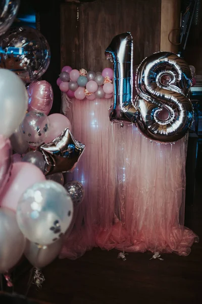 Decoraciones Cumpleaños Rosas Plateadas Para Una Niña Años — Foto de Stock