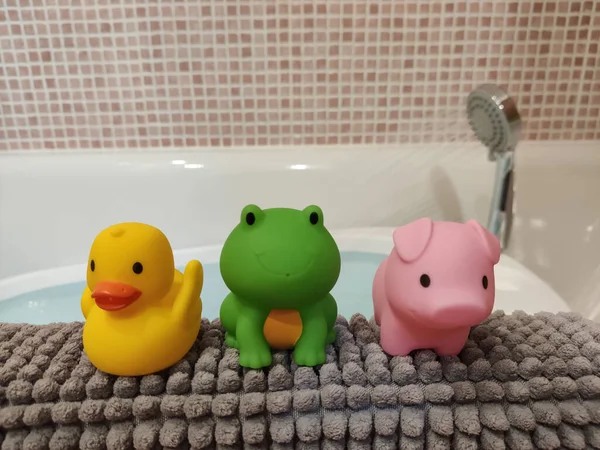 Tiro Foco Seletivo Vários Bonitos Brinquedos Banho Borracha Banheiro — Fotografia de Stock