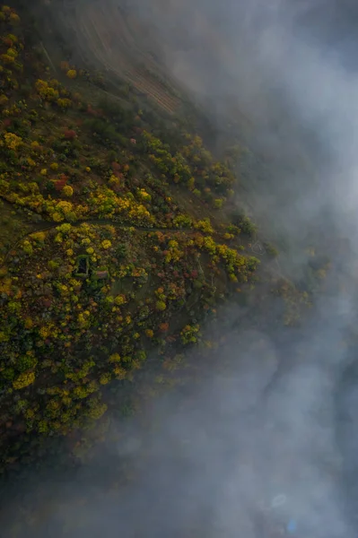 Uma Vista Aérea Superior Montanhas Cobertas Árvores Cercadas Por Nevoeiro — Fotografia de Stock