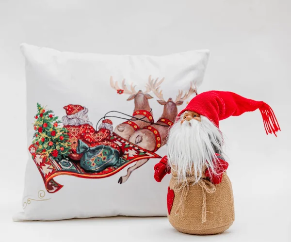 Closeup Shot Christmas Pillow Santa Claus Toy White Background — Stock Photo, Image