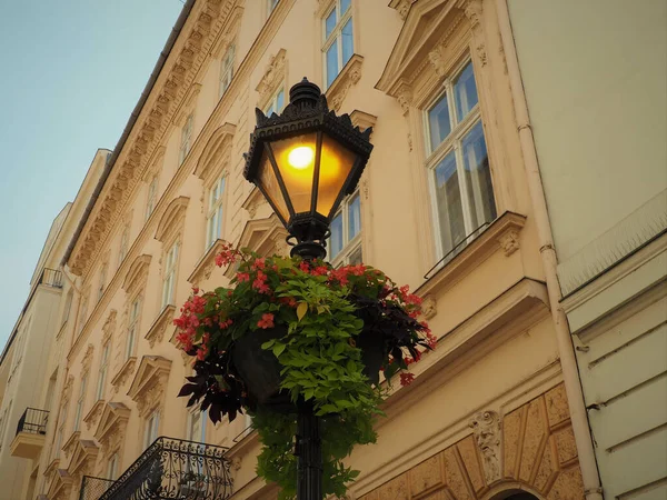 Egy Díszkivilágított Utcai Lámpa Egy Régi Hagyományos Utcában Este Budapesten — Stock Fotó