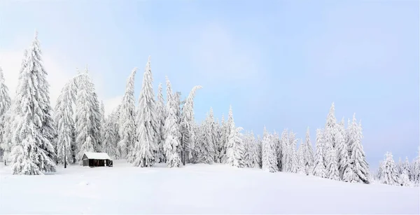 Över Ett Litet Hus Ett Vinterlandskap Med Djup Snö — Stockfoto