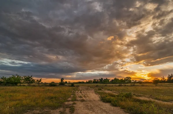 Uma Paisagem Caminho Sob Céu Nublado Durante Pôr Sol Deslumbrante — Fotografia de Stock