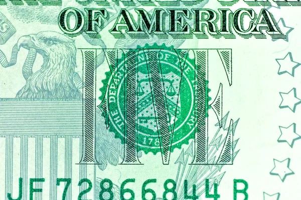 Primer Plano Billete Cinco Dólares Los Estados Unidos América Usd —  Fotos de Stock