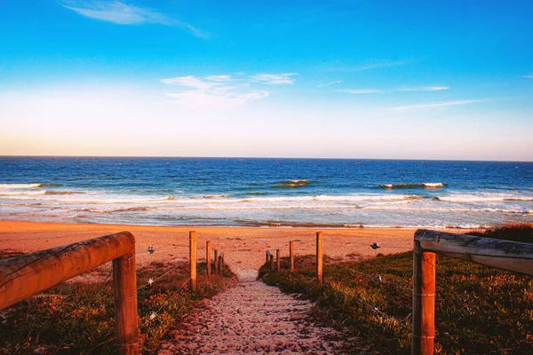 Uma Pequena Escadaria Uma Praia Cercada Pelo Mar Sob Luz — Fotografia de Stock