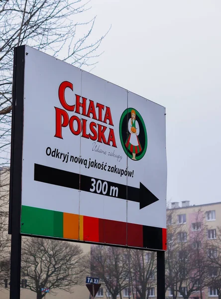 Poznan Poland Jan 2015 Billboard Chata Polska Supermarket Showing Direction — 스톡 사진