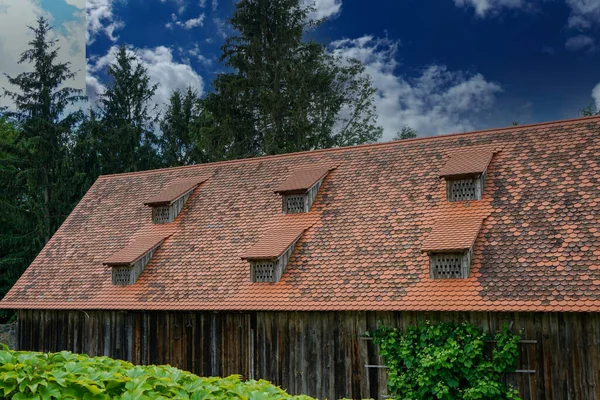 Strzał Domku Letniskowego Wysokim Czerwonym Dachem Sześcioma Oknami Nim Naturze — Zdjęcie stockowe