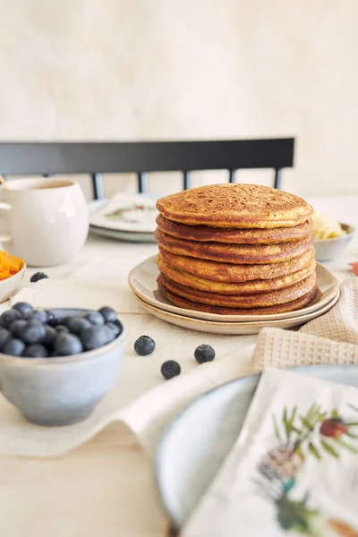 Closeup Freshly Made Delicious Pumpkin Pancakes Plate Breakfast — Stock Photo, Image