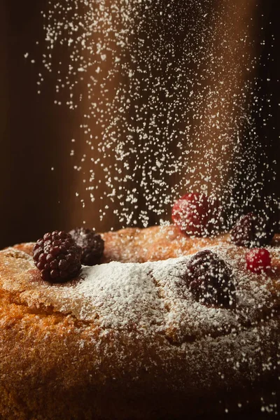 粉砂糖 赤い果実 イチゴ ブラックベリーとおいしいケーキの垂直ショット — ストック写真
