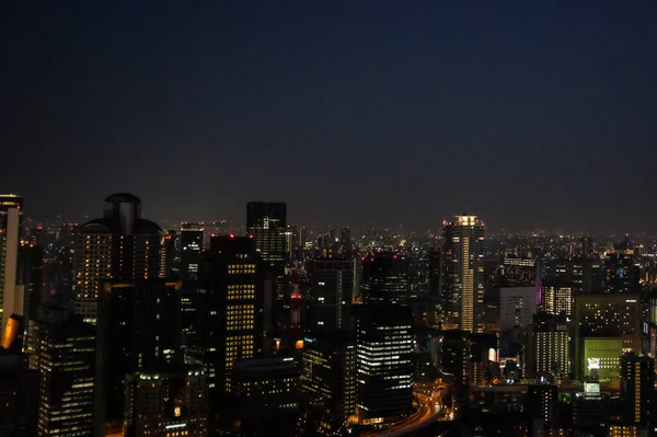 Paisaje Urbano Osaka Cubierto Edificios Modernos Por Noche Japón Perfecto —  Fotos de Stock