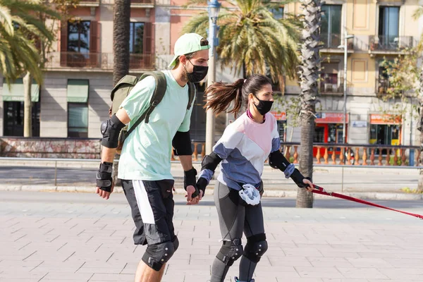 Barcelona España 2020 Barcelona España 2020 Pareja Haciendo Deporte Con —  Fotos de Stock