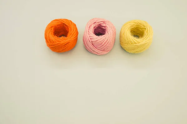Three Colorful Yarn Balls Knitting Isolated Gray Background — Stock Photo, Image