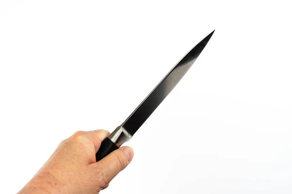 Närbild Skott Mans Hand Håller Slaktare Kniv Isolerad Vit Bakgrund — Stockfoto