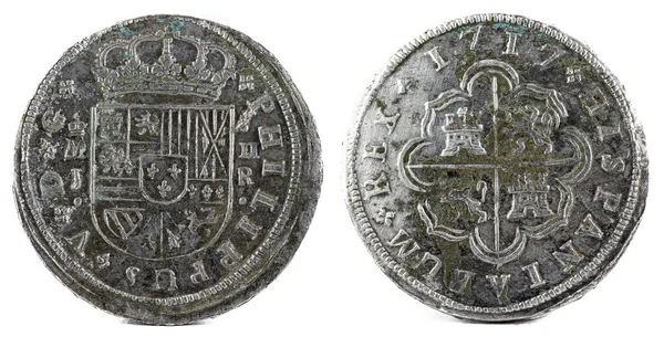 Antiguas Monedas Plata Españolas Del Rey Felipe 1717 Acuñado Madrid — Foto de Stock