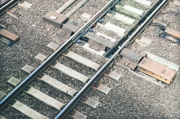 High Angle Shot Train Rails Small Stones — Stock Photo, Image