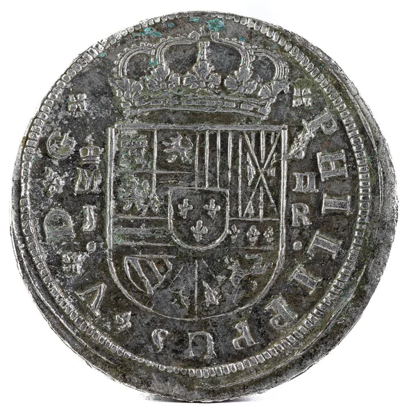 Древняя Испанская Серебряная Монета Короля Фелипе 1717 Придумано Мадриде Два — стоковое фото