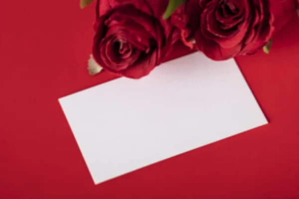 Selective Focus Shot Blank White Paper Red Background Red Roses — Stock Photo, Image