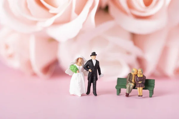 Selective Focus Shot Bride Groom Elderly Couple Miniature Figurines Stock Photo