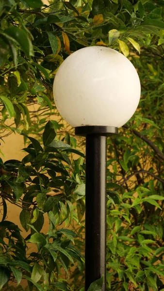 Tiro Vertical Pólo Leve Com Uma Lâmpada Redonda Fundo Natureza — Fotografia de Stock