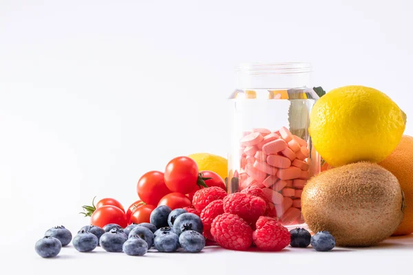 Beautiful Shot Fresh Fruits Vegetables Medical Pills Transparent Jar — Stock Photo, Image