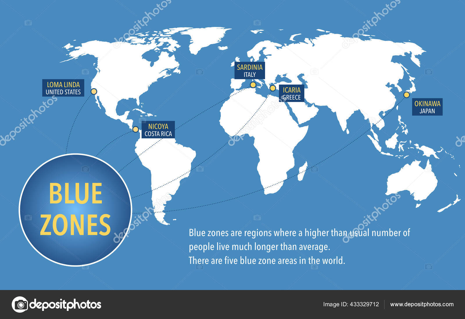 Map Blue Zones Longevity People Live Longer Rest World Stock Photo By C Wirestock