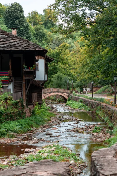 Plan Vertical Pont Dans Ruisseau Près Une Vieille Maison Historique — Photo