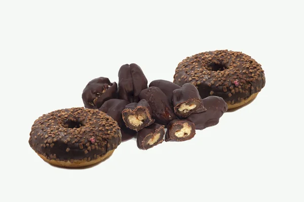 Fresh Donuts Dried Fruit Dates Covered Layer Chocolate White Background — Foto de Stock