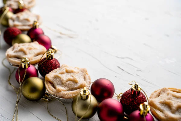 Beautiful Composition Christmas Tree Balls Mince Pies White Surface Copy — Stock Photo, Image