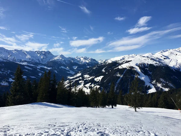 Paysage Envoûtant Hautes Montagnes Hiver Recouvert Neige Épaisse Sapins Sans — Photo