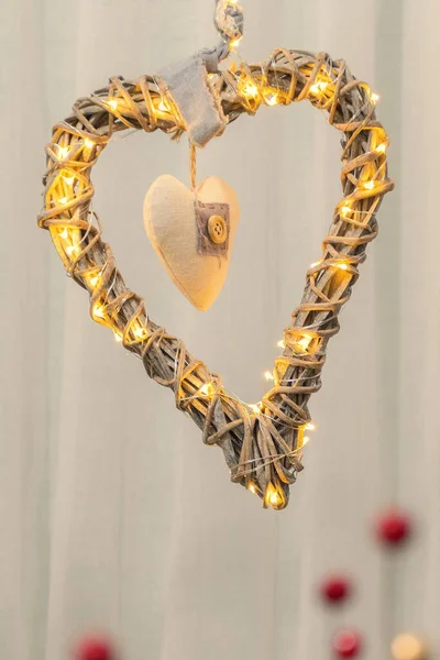 Vertical Shot Christmas Decoration Shape Heart Made Branches Lights — Stock Photo, Image