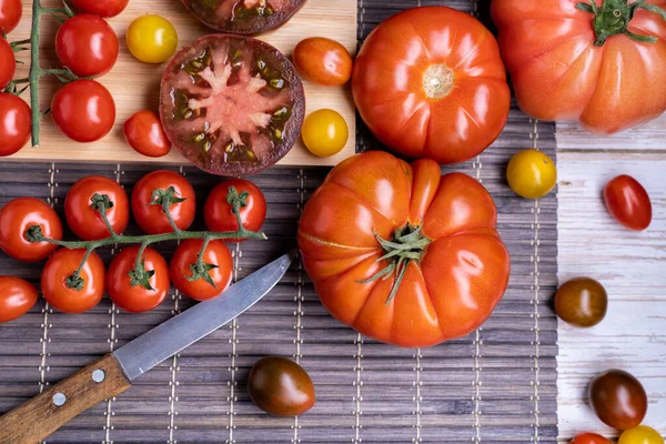 Una Vista Superior Las Diferentes Variedades Tomates — Foto de Stock